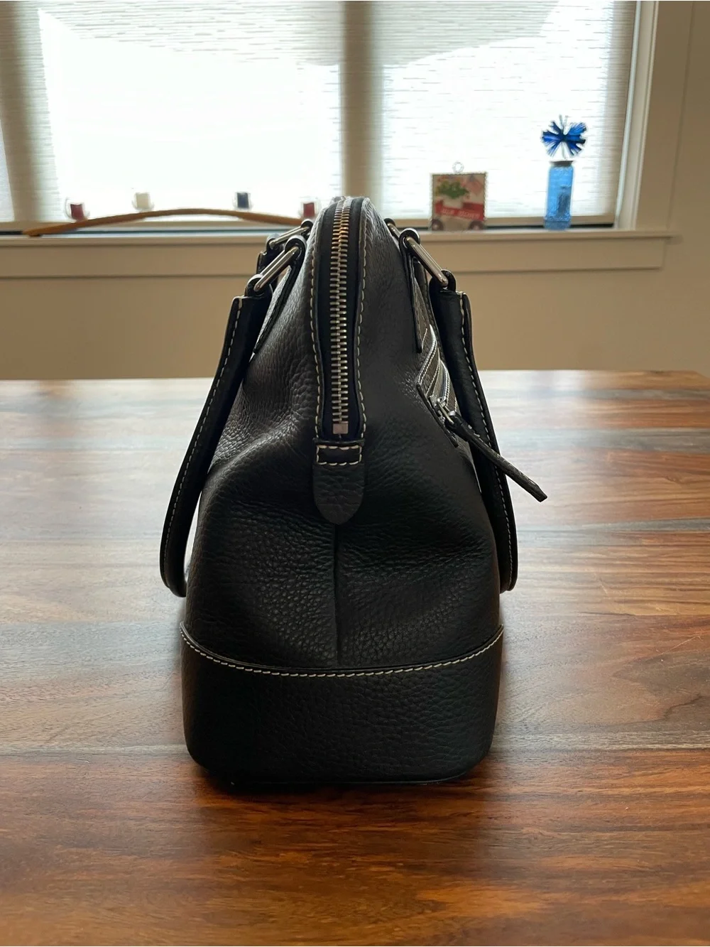 Dooney & Bourke Black Pebbled Leather Satchel with Logo Emblem